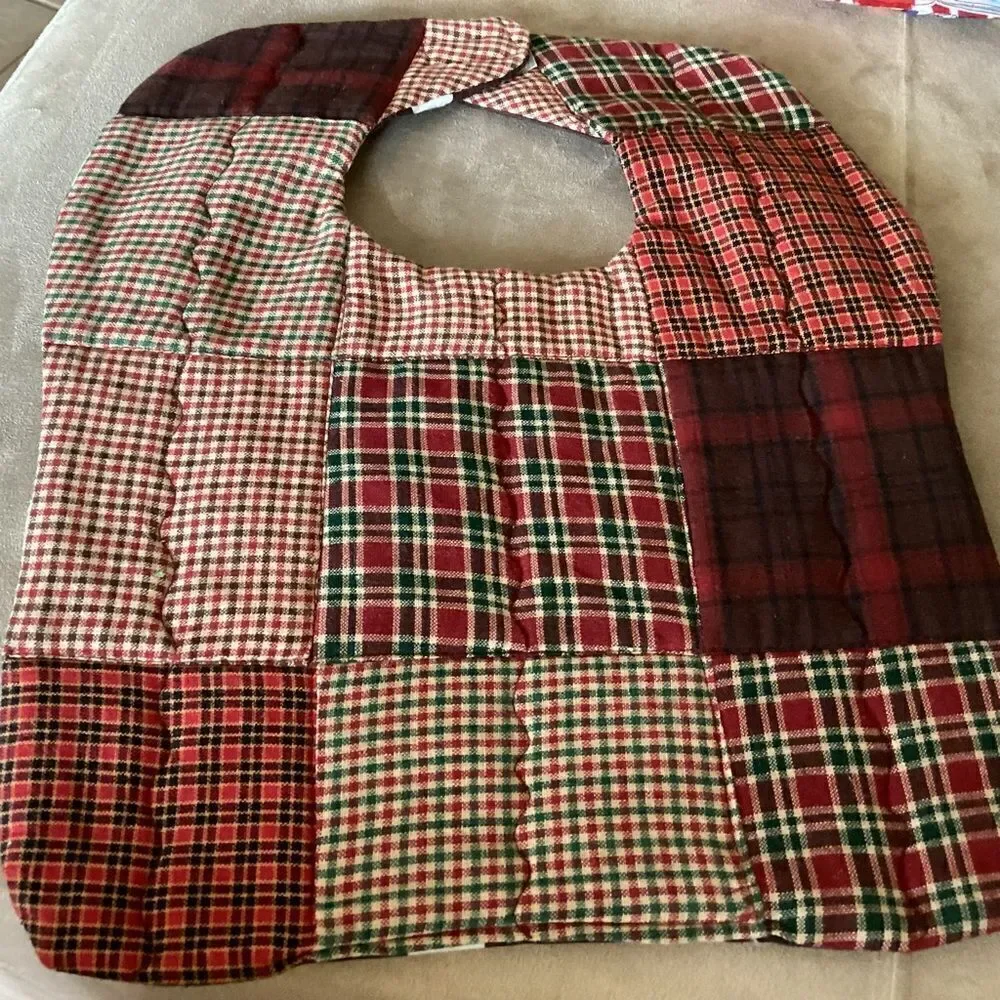 NWT handcrafted, quilted reversible bib in brown green red fabrics